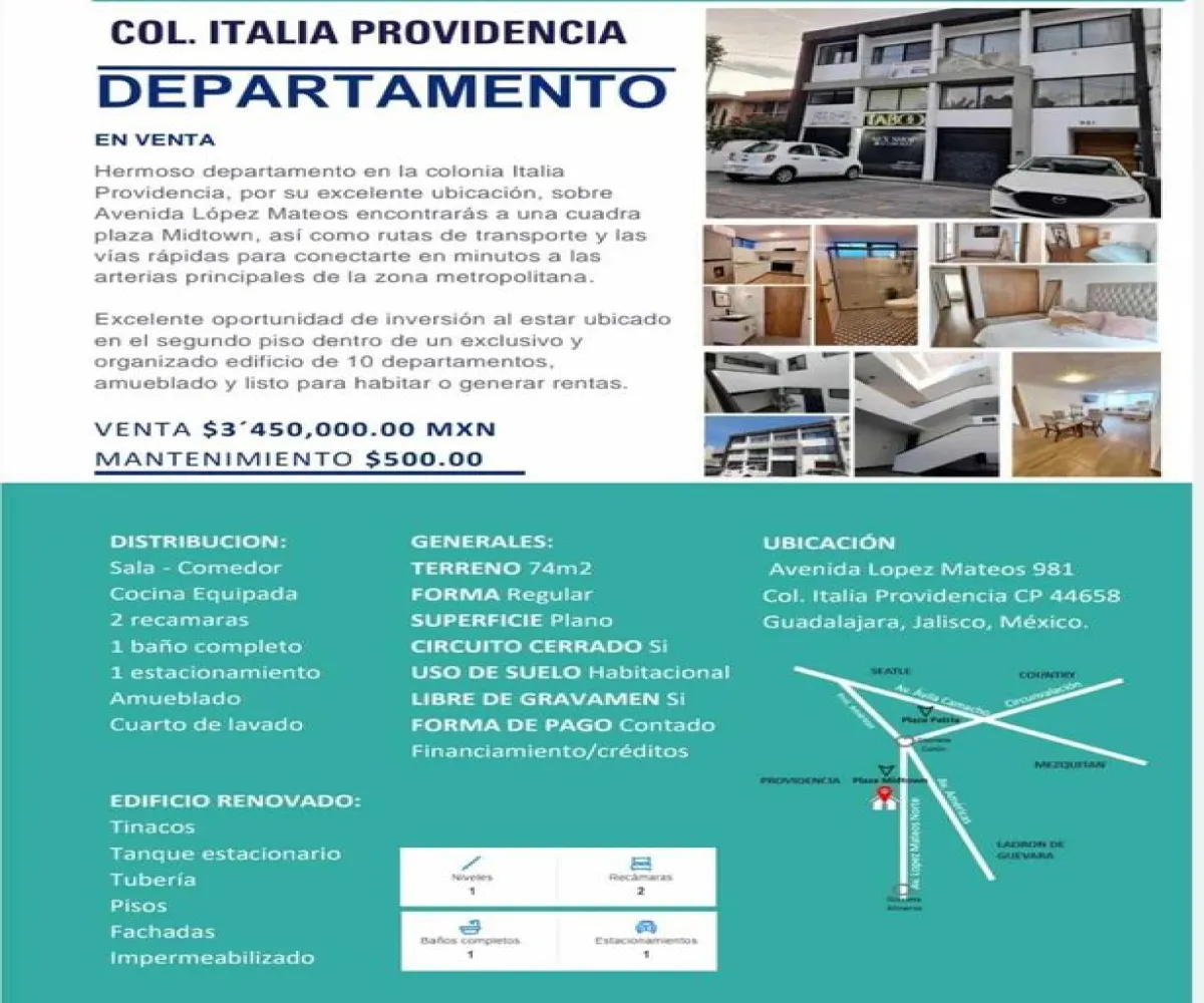 Departamento En Venta,Italia Providencia,Lopez Mateos 981 8, Guadalajara, Jalisco 44648, 2 Habitaciones,1 Baño,Lopez Mateos,1,pIfwS4M